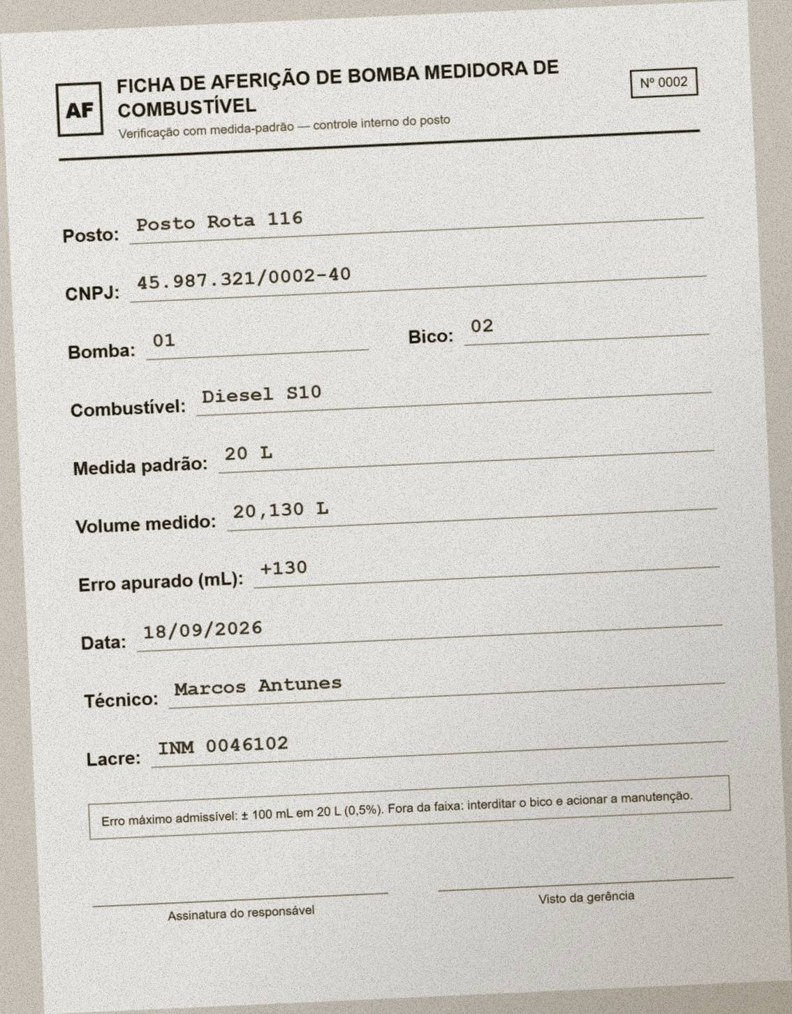 Ficha de aferição enviada