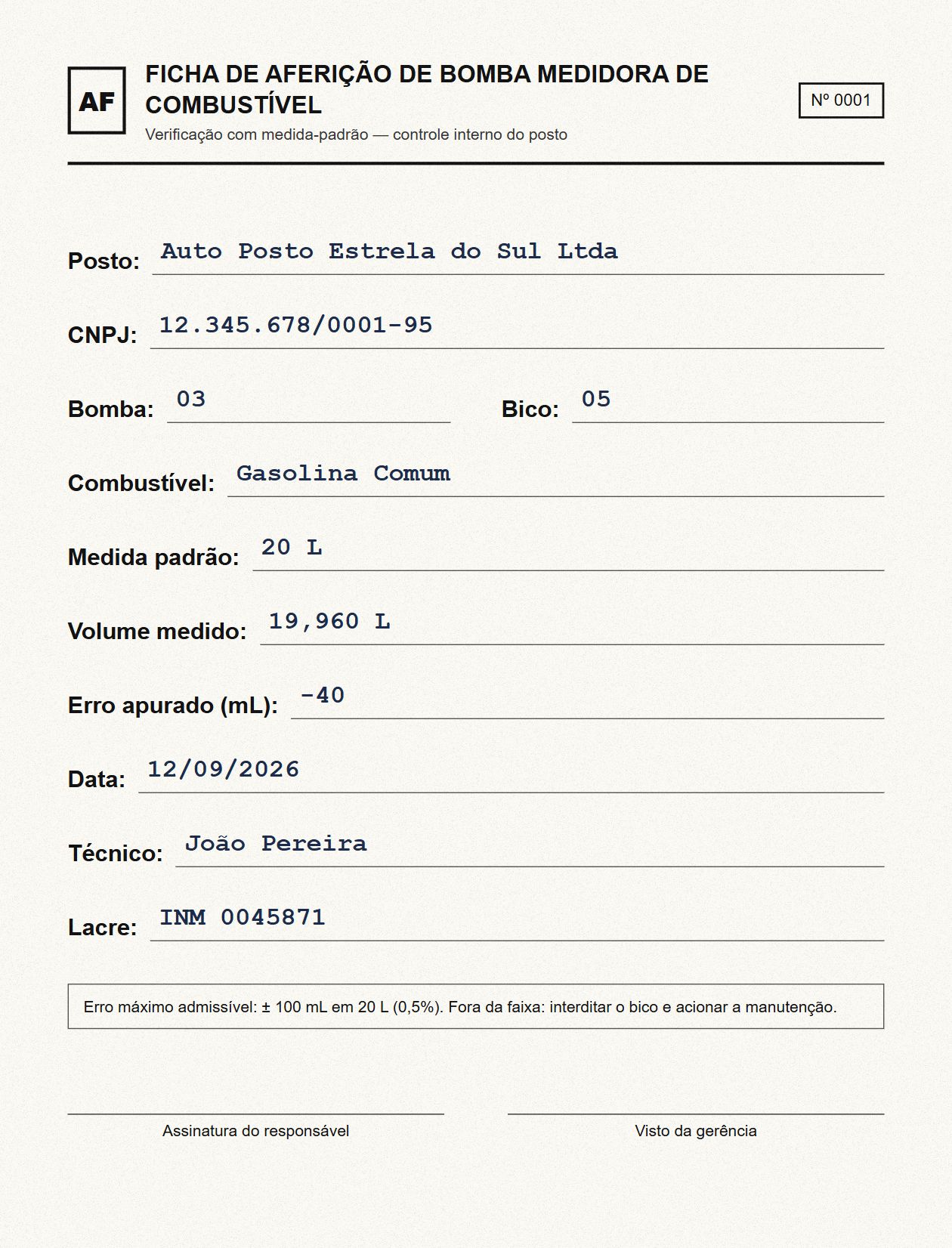Ficha de aferição enviada